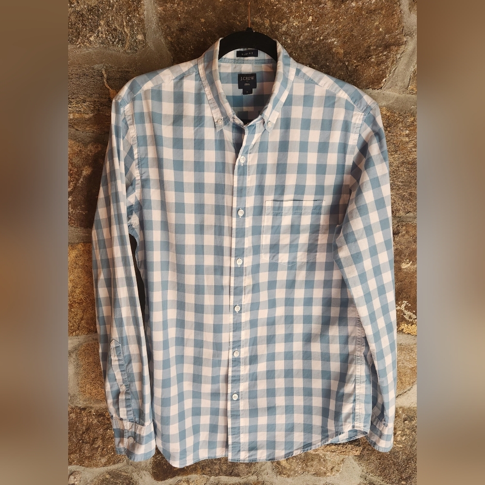 J.CREW Men's Blue/Green Checked "Slim Fit" Long Sleeve Shirt  - Size M
